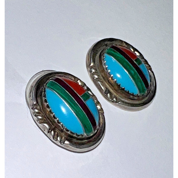 Native American Sterling Silver Inlay Turquoise Earrings RB Richard Begay - Picture 1 of 6
